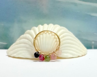 Tourmaline Gemstone Helix Ring: 14k Gold Cartilage Hoop, 22-16 gauge, October Birthstone