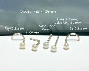 Freshwater Pearl Sterling Silver Nose Stud: 16g-24g, L-Shape, Nose Bone