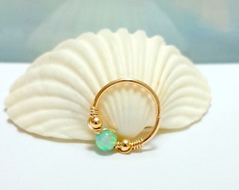 Fire Green Opal Helix Ring -Tiny Hoop Nose Ring - Septum Nose Ring-Opal Cartilage Earring - Helix -Tragus Earring- 18-22 Gauge