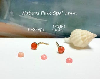 14K Gold Filled Pink Opal Tragus Stud, L-Shaped Cartilage Earring, 20g 22g,October Birthstone