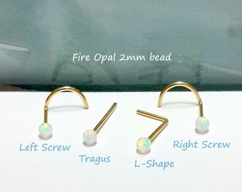 Gold Fire White Opal Nose Stud: 2mm Tragus Helix Piercing,20-24g, Bone,Screw, L-shape