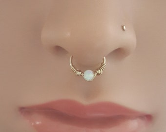 Fake Septum Piercing For Non Pierced Nose - Gold White Opal Clip On Nose Cuff -Clip On Septum-Silver Fake Nose Cuff Ring