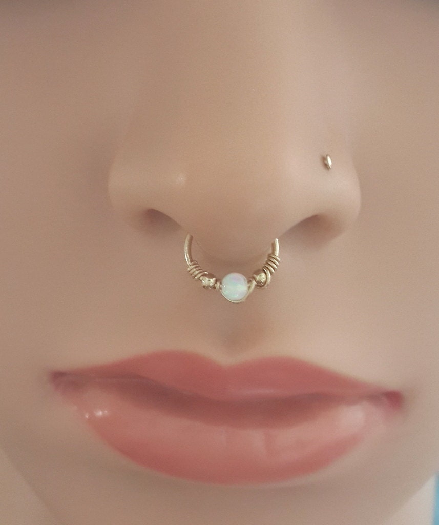 Single Simulated Opal Gold IP Septum Hanger Nose Ring For Non Piercing Single Simulated Opal Gold IP Septum Hanger Nose Ring For Non Piercing