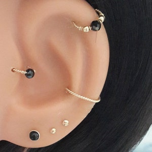 Diamond Cut Helix Hoop 16g 18g 20g 22g  14K Solid Yellow Gold Natural Stone Twisted Hoop,Cartilage,Tragus,Nose Ring,Not Plated or Filled