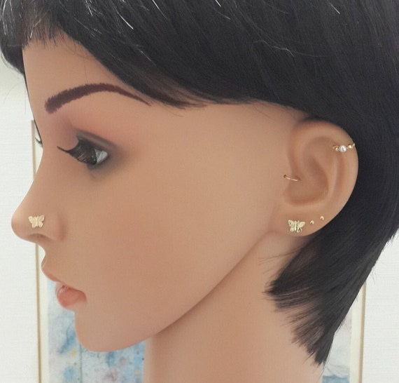 14K Solid Gold Butterfly Stud: Tragus, Nose, Helix Piercing