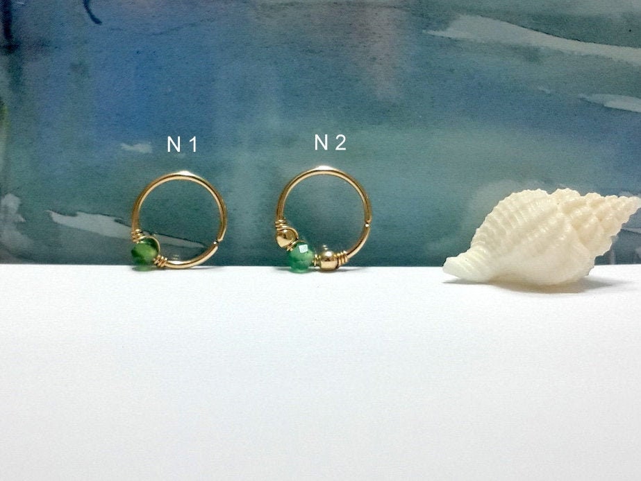 14K Solid Gold Emerald Hoop Earring: Helix, Tragus, Septum Christmas Day Gift