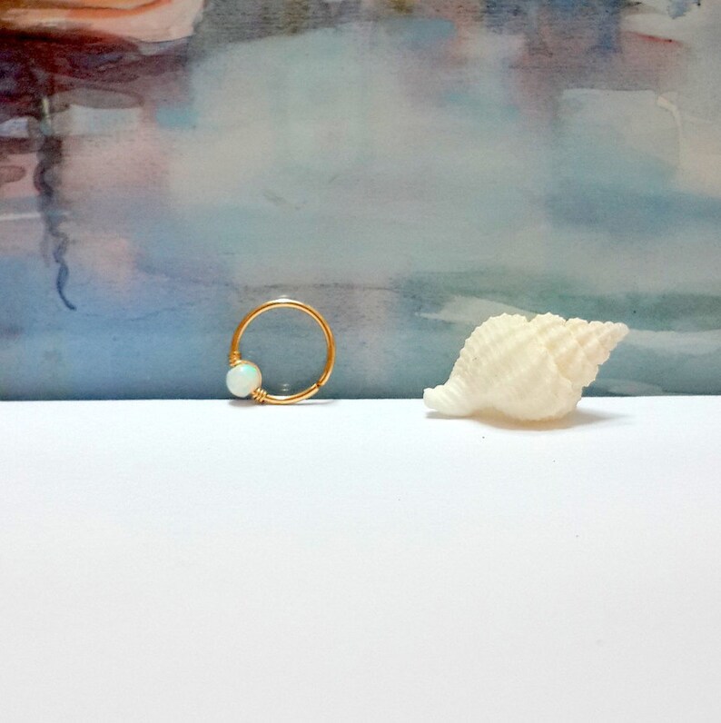 14K Solid Gold Cartilage Earring-White Opal Helix Hoop-Tragus-Conch-Daith-Nose Ring-16g 18g 20g 22g-October/'s Birthstone-Valentines Day