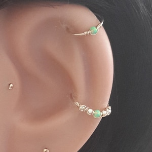 Fire Green  Opal 2mm Helix Earring- Gold Cartilage Hoop - Silver Helix Piercing - October's Birthstone- 20-24 Gauge - 6-12mm Inner Diameter