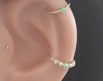 Fire Green  Opal 2mm Helix Earring- Gold Cartilage Hoop - Silver Helix Piercing - October's Birthstone- 20-24 Gauge - 6-12mm Inner Diameter
