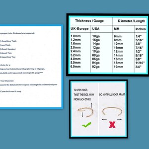 Puede incluir: Un gr&aacute;fico que muestra los diferentes calibres y di&aacute;metros de los pendientes de aro. El gr&aacute;fico incluye medidas en mil&iacute;metros y pulgadas. El gr&aacute;fico tambi&eacute;n incluye instrucciones sobre c&oacute;mo abrir un pendiente de aro.