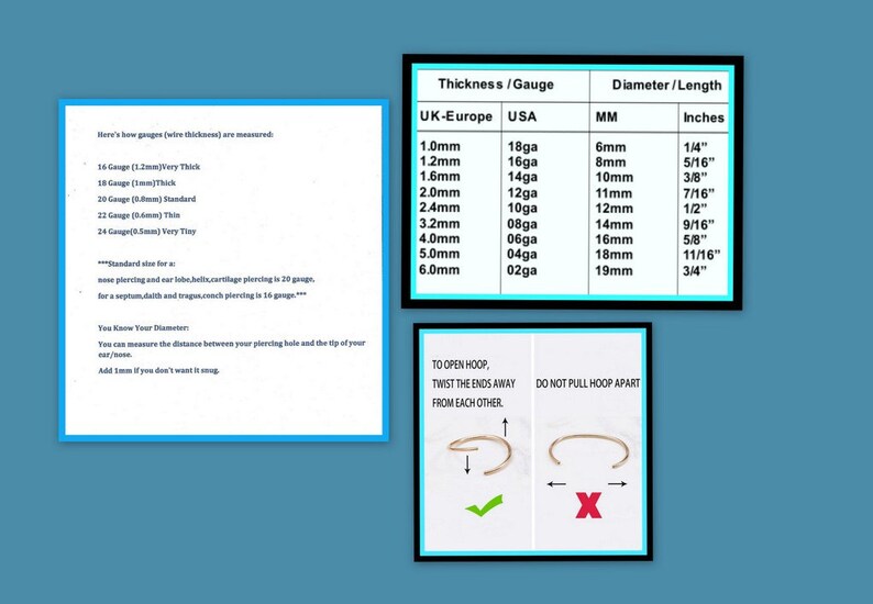 Puede incluir: Un gr&aacute;fico que muestra los diferentes calibres y di&aacute;metros de los pendientes de aro. El gr&aacute;fico incluye medidas en mil&iacute;metros y pulgadas. El gr&aacute;fico tambi&eacute;n incluye instrucciones sobre c&oacute;mo abrir un pendiente de aro.