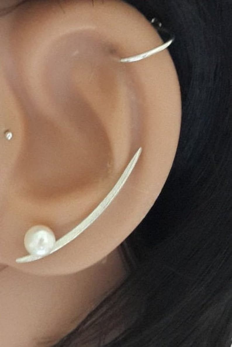 Freshwater Pearl 5mm Ear Cuff CHRISTMAS SALE-White Pearl Sterling Silver Ear Climbers Post Earrings Ear Sweep Pearl Ear Cuff-Cyber Sale