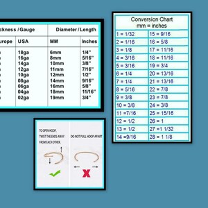 May include: A chart showing the conversion of millimeters to inches, with a table showing the thickness and diameter of hoop earrings in millimeters and inches. The chart includes a visual guide on how to open and close hoop earrings.