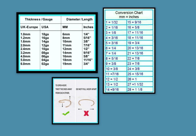 May include: A chart showing the conversion of millimeters to inches, with a table showing the thickness and diameter of hoop earrings in millimeters and inches. The chart includes a visual guide on how to open and close hoop earrings.