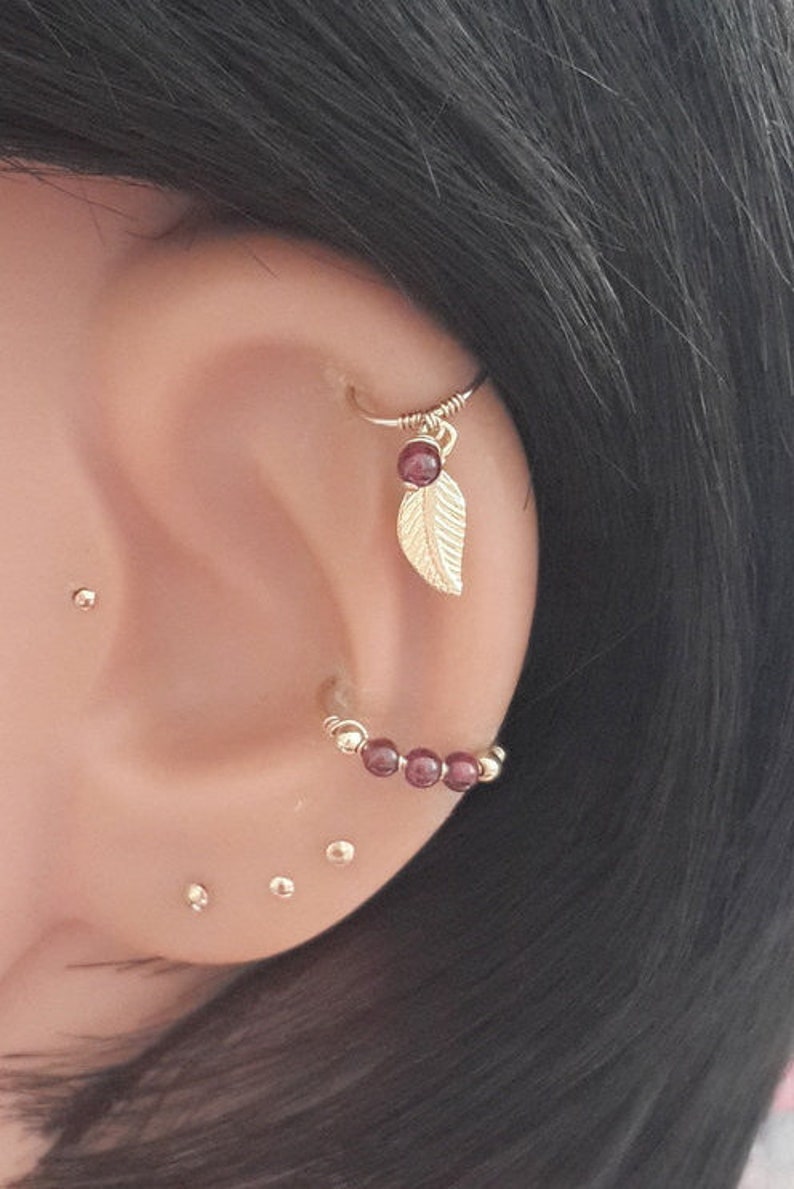 Helix Piercing,January/'s Birthstone Small Garnet 2-3mm Gold Leaf Hoop,Silver Helix Earring,Gold Leaf Hoop,Tiny Tragus Ring,22G 20G 18G 16G