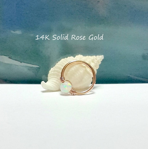 14K Solid Rose Gold Opal Hoop Earring: Helix, Tragus, Nose, 22-16 gauge, Super Gift