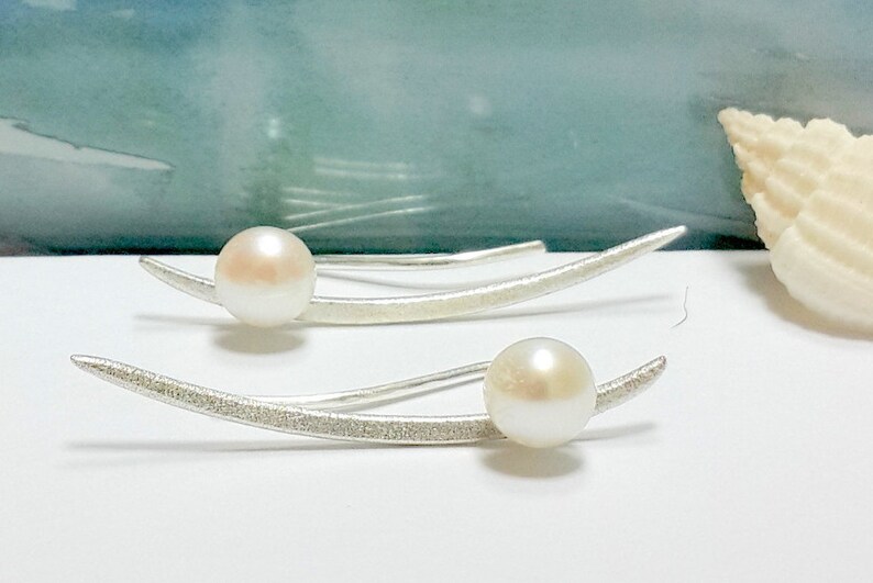 Freshwater Pearl 5mm Ear Cuff CHRISTMAS SALE-White Pearl Sterling Silver Ear Climbers Post Earrings Ear Sweep Pearl Ear Cuff-Cyber Sale