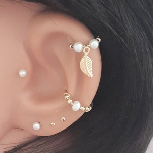 Tiny Leaf White Pearl Cartilage Earring,White Pearl Hoop Earrings,Tiny Gold Helix Ring, Silver Leaf Hoops,16g 18g 20g 22g, June's Birthstone