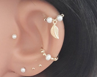 Leaf White Pearl Cartilage Hoop Earring: Sterling Silver Helix Ring