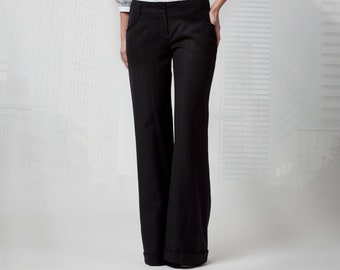 Calças de lã sob medida Nina - Calça de trabalho de corte baixo e pernas largas | Tecido elegante para ternos com bolsos frontais