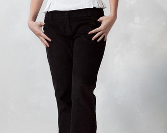 Cynthia Black Corduroy Trousers, Swiss Cotton Wide Leg Designer Pants