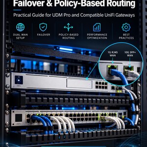 Puede incluir: Una guía técnica titulada UniFi Dual WAN Failover & Policy-Based Routing para gateways UDM Pro. La imagen muestra equipos de rack de red con cables Ethernet azules y blancos, incluyendo un primer plano de los puertos WAN 1G RJ45 y 10G SFP+.