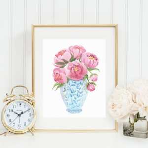 Blue and White Ginger Jar Art Print with Pink Peonies INSTANT DOWNLOAD (Pink Peonies Art - Ginger Jar Blue and White)