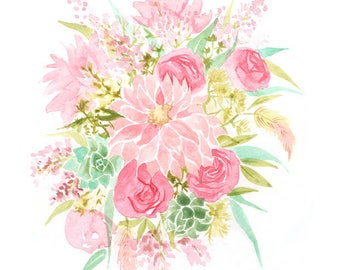 Spring Floral Print INSTANT DOWNLOAD (Floral Art Print - Art - Home Decor - Farmhouse Decor - Pink Watercolor Flower Bouquet Print)