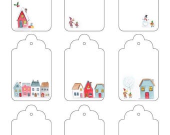 Printable Gift Tags: Watercolor Hand Painted Christmas Village