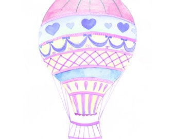 Hot Air Balloon INSTANT DOWNLOAD Art Print (Girls Watercolor Art- Sweet Pink and Purple Art - Girls Bedroom Art)