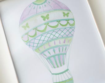 Butterfly Hot Air Balloon Art Print INSTANT DOWNLOAD (Nursery Artwork - Blue and Purple Hot Air Balloon Watercolor Print - Kids Decorations)