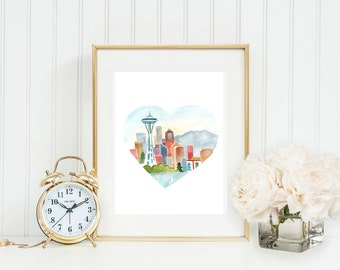 Seattle Watercolor Art Print: Love Skyline (Digital Download)