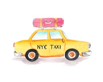 NYC Taxi Watercolor Art Print: New York City Gift (Digital Download)