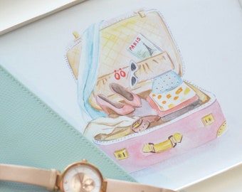 Pink Suitcase Art Print INSTANT DOWNLOAD (Luggage Print - Travel Wall Art - Travel Gift - Paris France Gifts)
