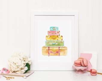 Colorful Luggage Art Print INSTANT DOWNLOAD (Travel Gift - Travel Decor - Luggage Set Art - Wanderlust Print)