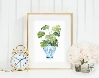 Palm Ginger Jar Art Print INSTANT DOWNLOAD (Blue and White Ginger Jar Art- Decorative Art Print - New Home Gift)