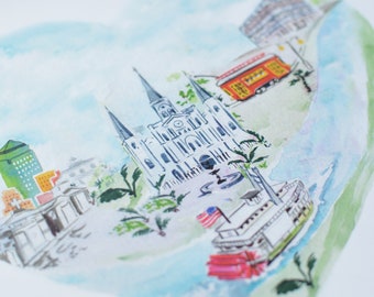 New Orleans City Heart Art Print INSTANT DOWNLOAD (New Orleans Decor, Louisiana Artwork- Watercolor Wall Decor)