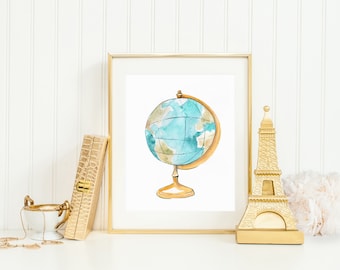 Globe Art Print INSTANT DOWNLOAD (Travel Art - Travel Decor - World Map Print - Wall Art)