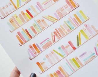 Bookshelves Art Print INSTANT DOWNLOAD (Bookworm Gifts - Bookish Gift - Book Lover - Colorful Watercolor Art Print - Wall Art)