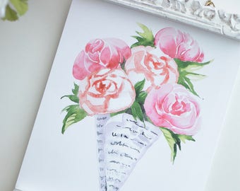 Flower Bouquet in Newspaper INSTANT DOWNLOAD (Watercolor Illustration - Floral Art Print - Art - Home Decor - Wall Art - Farmhouse Decor)