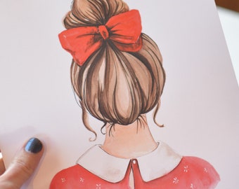 Red Bow Brunette Art Print: Girl with Hair Bun (Digital Download)