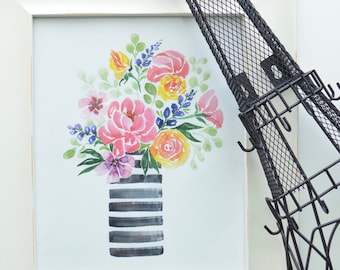 Striped Vase Floral Bouquet INSTANT DOWNLOAD (Watercolor-Floral Art Print - Art - Home Decor - Wall Art -  Flower Arrangement Art Print)