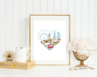 London Love Art Print INSTANT DOWNLOAD (Travel Art Print - Travel Decor - London Art Print - London Map - Wall Art)