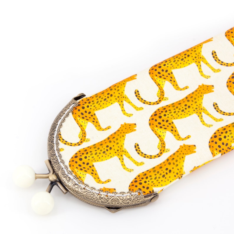 good gift for a woman handmade with bronze metal clasp Original glasses case 8x19 cm for mothers day with cheetah illustration