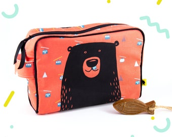 Toiletry bag for baby, for child, with inside pocket, with a bear on orange fabric, cute baby gift, for girl, 24x8x16 cm