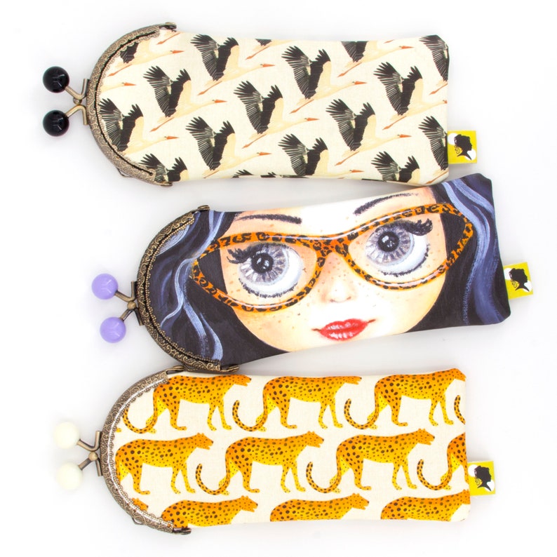 good gift for a woman handmade with bronze metal clasp Original glasses case 8x19 cm for mothers day with cheetah illustration
