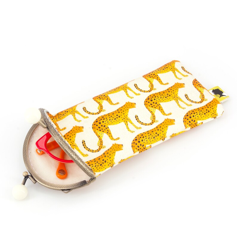 good gift for a woman handmade with bronze metal clasp Original glasses case 8x19 cm for mothers day with cheetah illustration