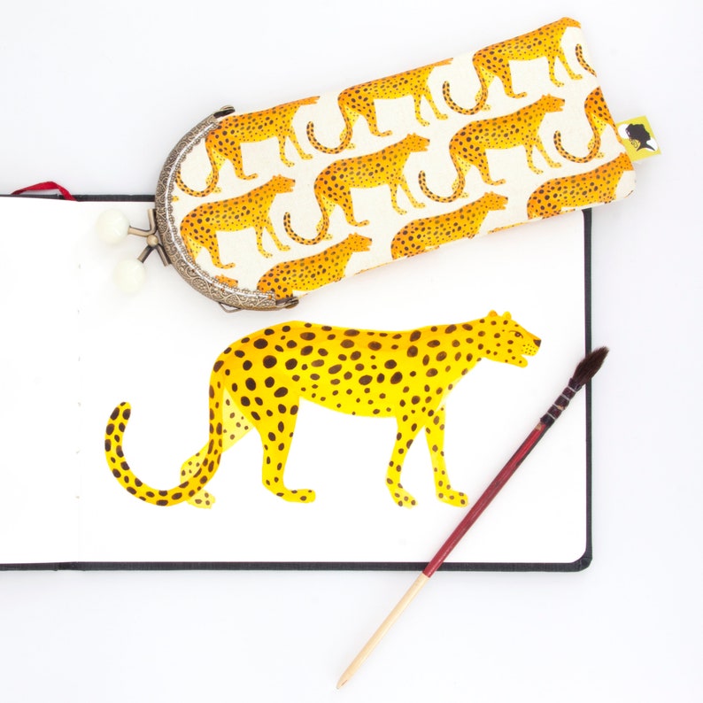 good gift for a woman handmade with bronze metal clasp Original glasses case 8x19 cm for mothers day with cheetah illustration