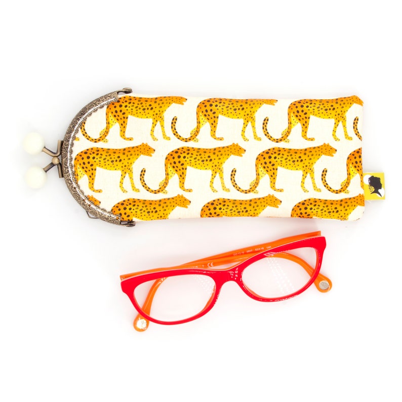 good gift for a woman handmade with bronze metal clasp Original glasses case 8x19 cm for mothers day with cheetah illustration