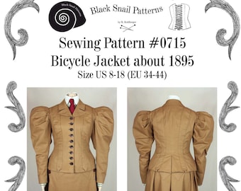 May include: A sewing pattern for a brown bicycle jacket, with a vintage style. The pattern is for sizes US 8-18 (EU 34-44). The pattern is called "Bicycle Jacket about 1895" and is from Black Snail Patterns.